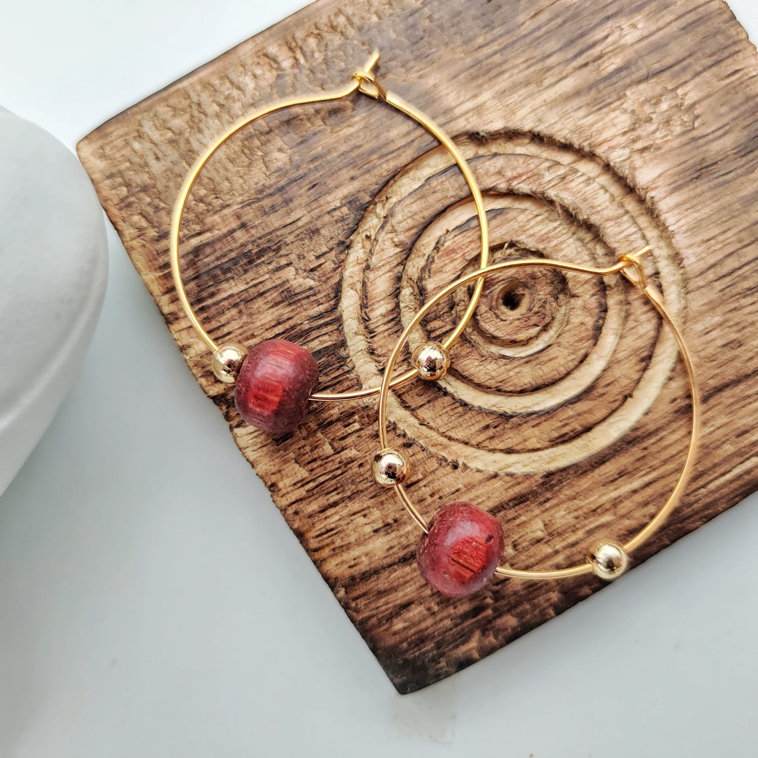 Red Sandalwood Beaded Minimalist Dangle Asian Ethnic Boho Hoop Earrings
