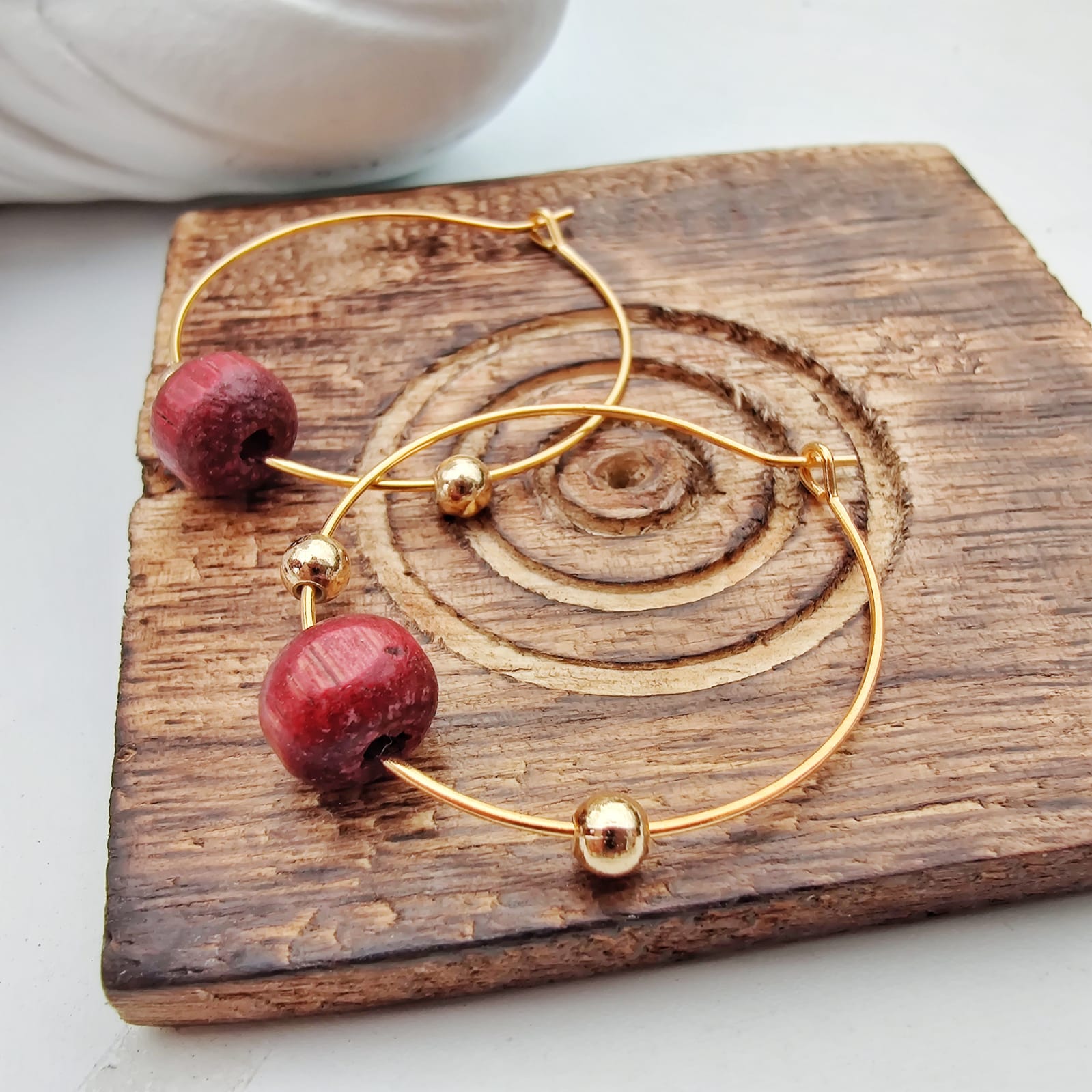 Red Sandalwood Beaded Minimalist Dangle Asian Ethnic Boho Hoop Earrings
