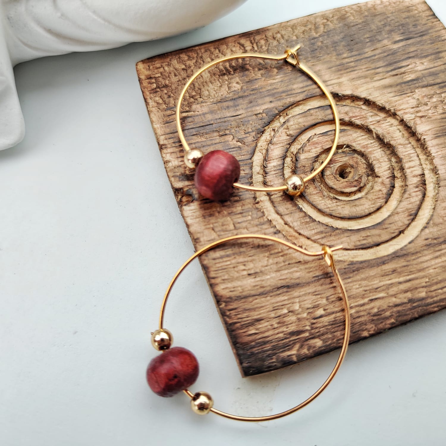 Red Sandalwood Beaded Minimalist Dangle Asian Ethnic Boho Hoop Earrings