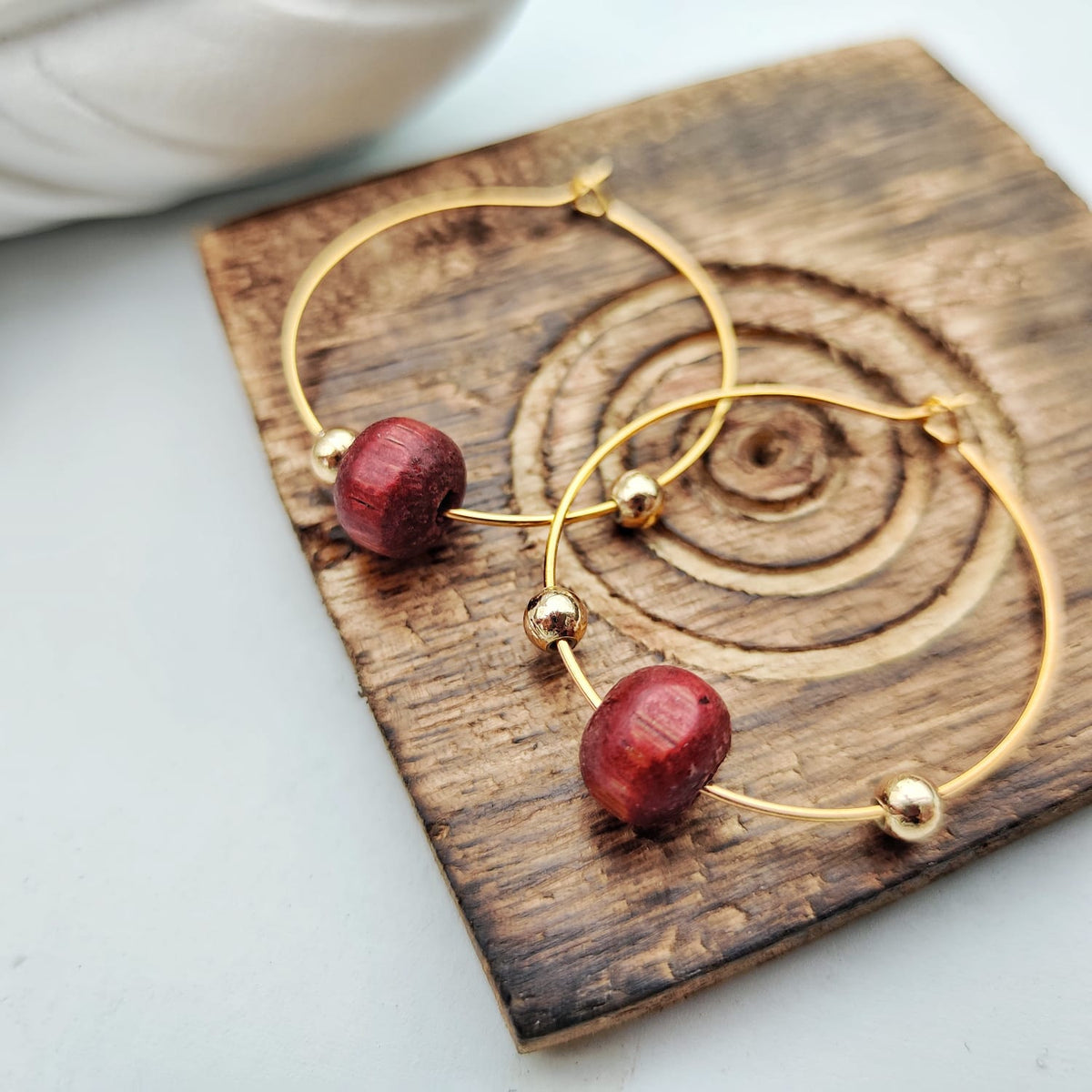 Red Sandalwood Beaded Minimalist Dangle Asian Ethnic Boho Hoop Earrings — Boho Jewellery UK | The Colourful Aura