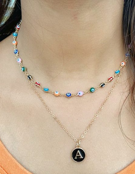 Multicolour Evil Eye Intial Two Strand Necklace