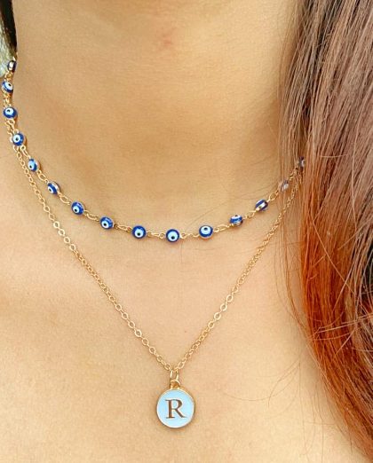 Two Layer Turkish Evil Eye Necklace Personalised Initial Boho Choker Necklace
