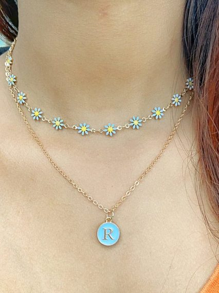 Personalised Initial White Sun Flower Charm Two Layer Pendant Choker Necklace