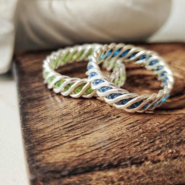 925 Silver Green & Blue Link Chain Stacking Band Adjustable Ring