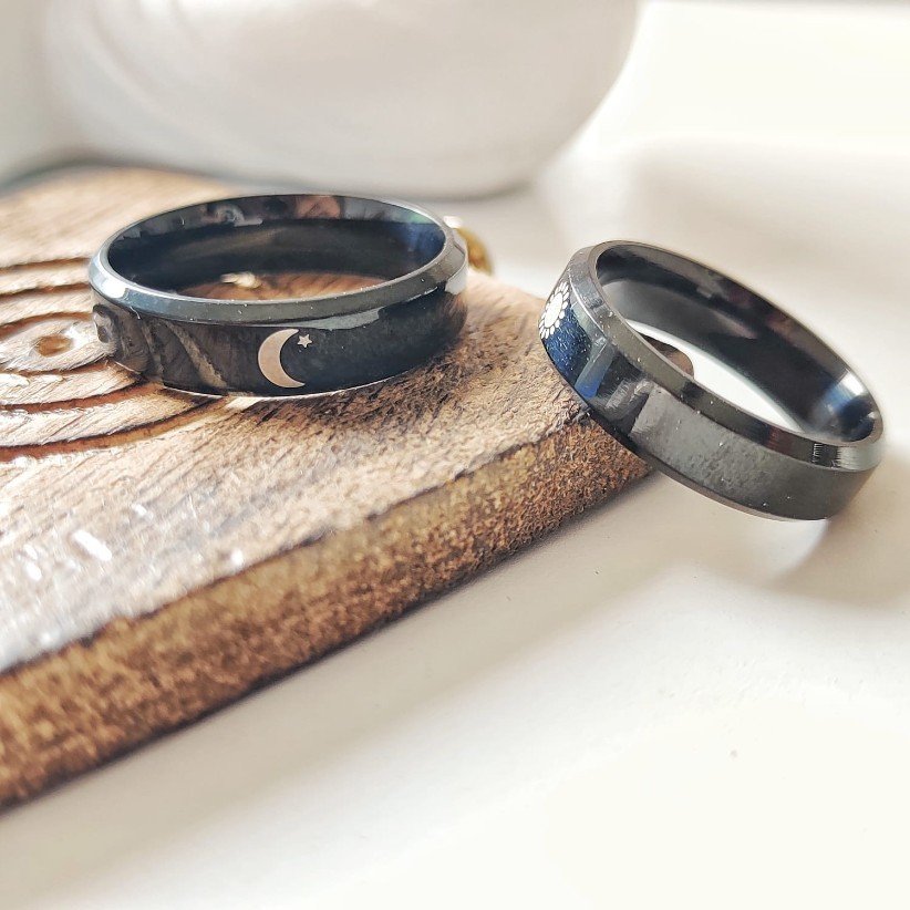 Black Band Matching Couple Moon and Sun Promise Ring set