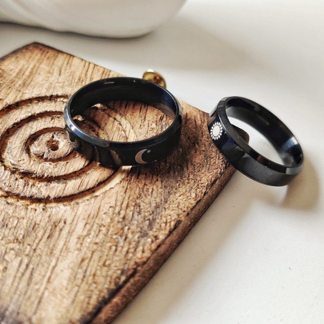 Black Band Matching Couple Moon and Sun Promise Ring set