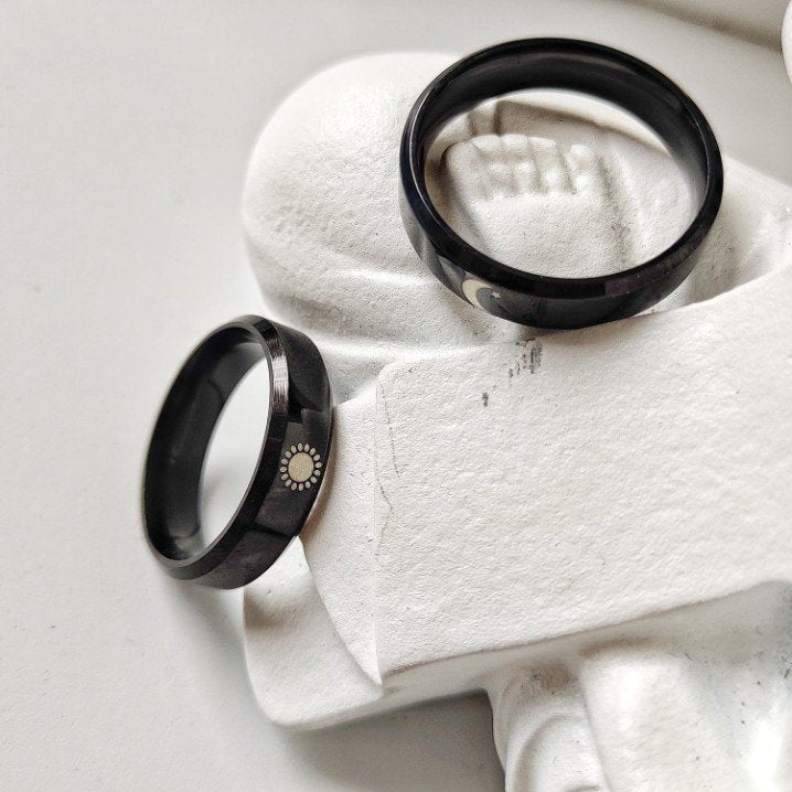 Black Band Matching Couple Moon and Sun Promise Ring set