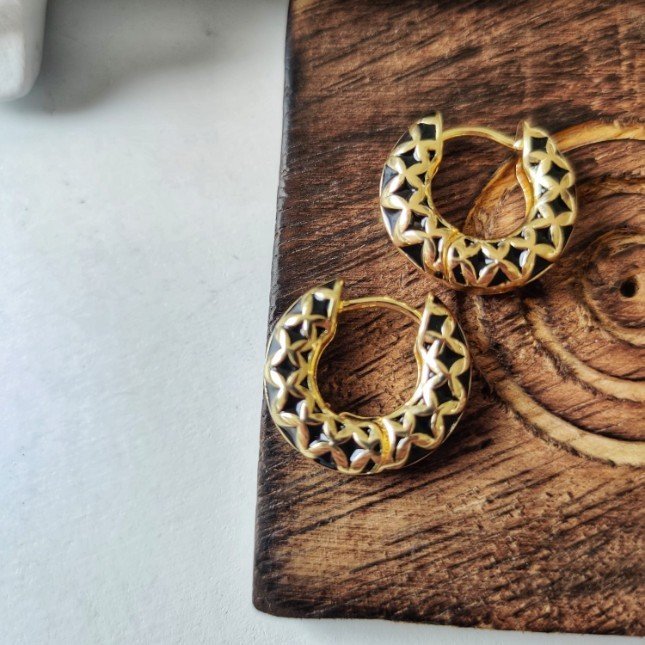 Stainless Steel Medium Black Enamel Huggie Multicolour Dainty Hoop Earrings (Close-up Detail) | The Colourful Aura