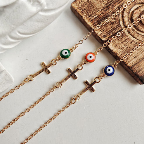 Multicolour Evil Eye Sideways Christian Cross Minimalist Choker Dainty Necklace