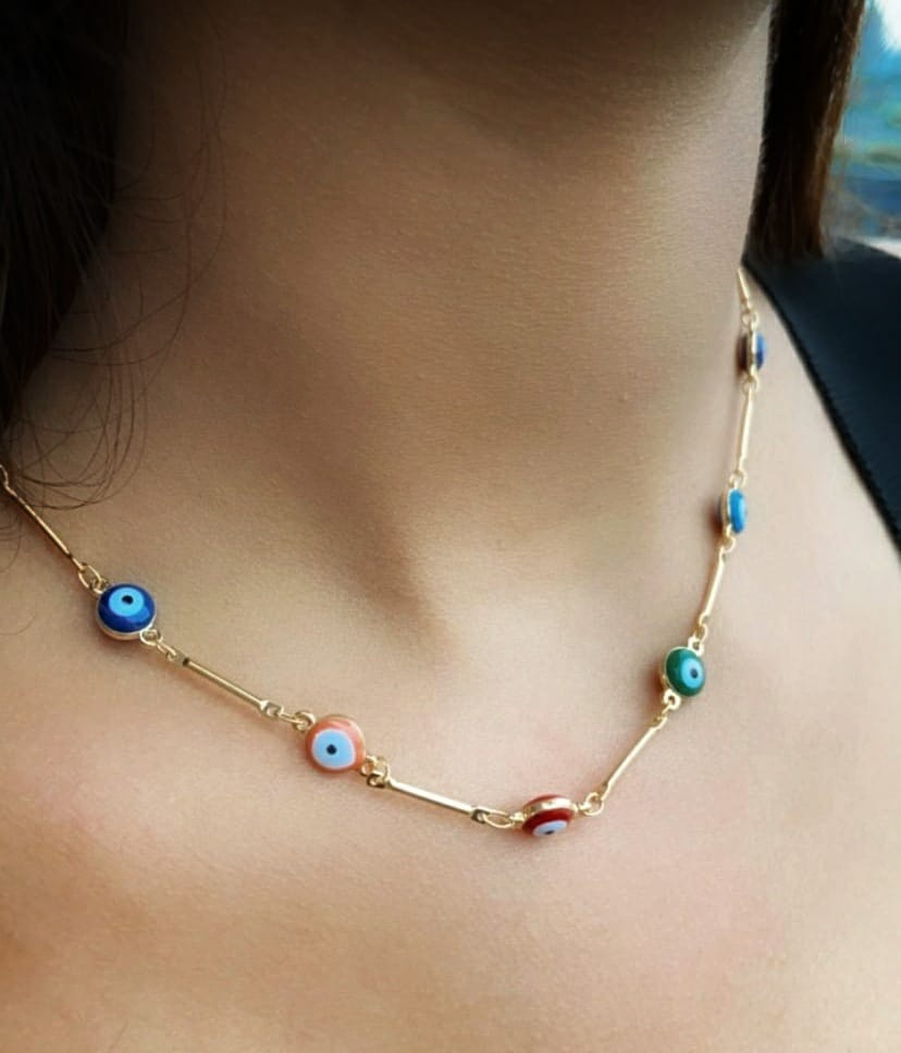 Multicolour Gold and Silver Evil Eye Charm Choker Protection Necklace — Boho Jewellery UK | The Colourful Aura