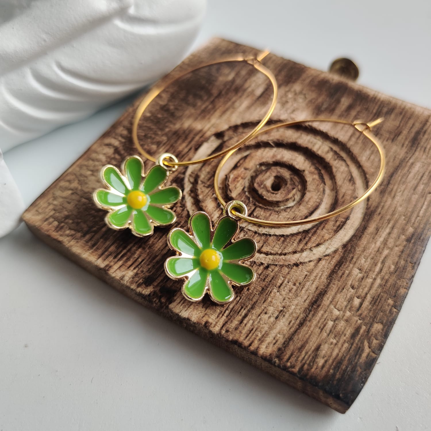 Green Yellow Sunflower Charm Floral Dainty Dangle Colourful Boho Hoop Earring (Close-up Detail) | The Colourful Aura