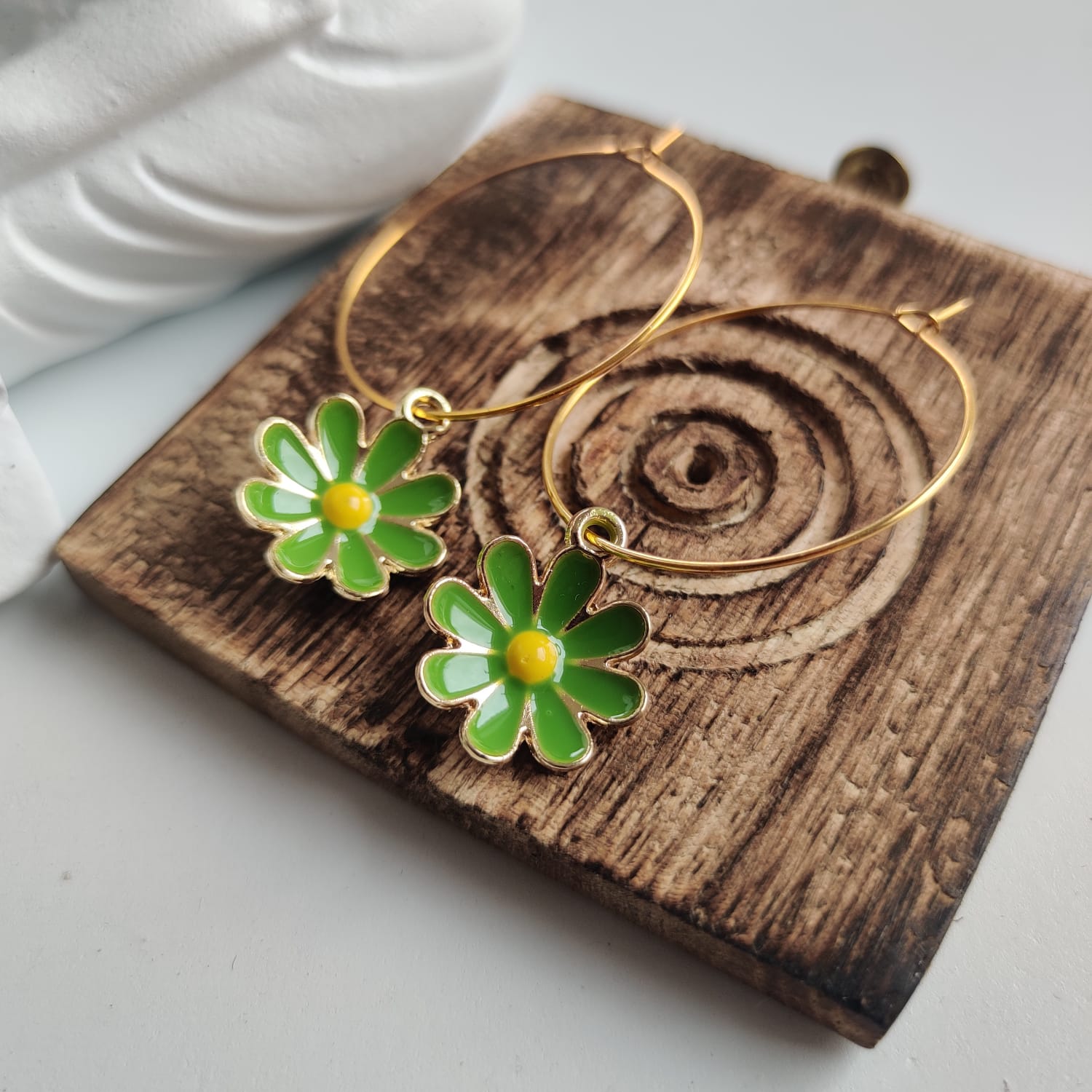 Green Sunflower 30mm Multicolour Boho Floral Charm Dainty Huggie Hoop Earrings