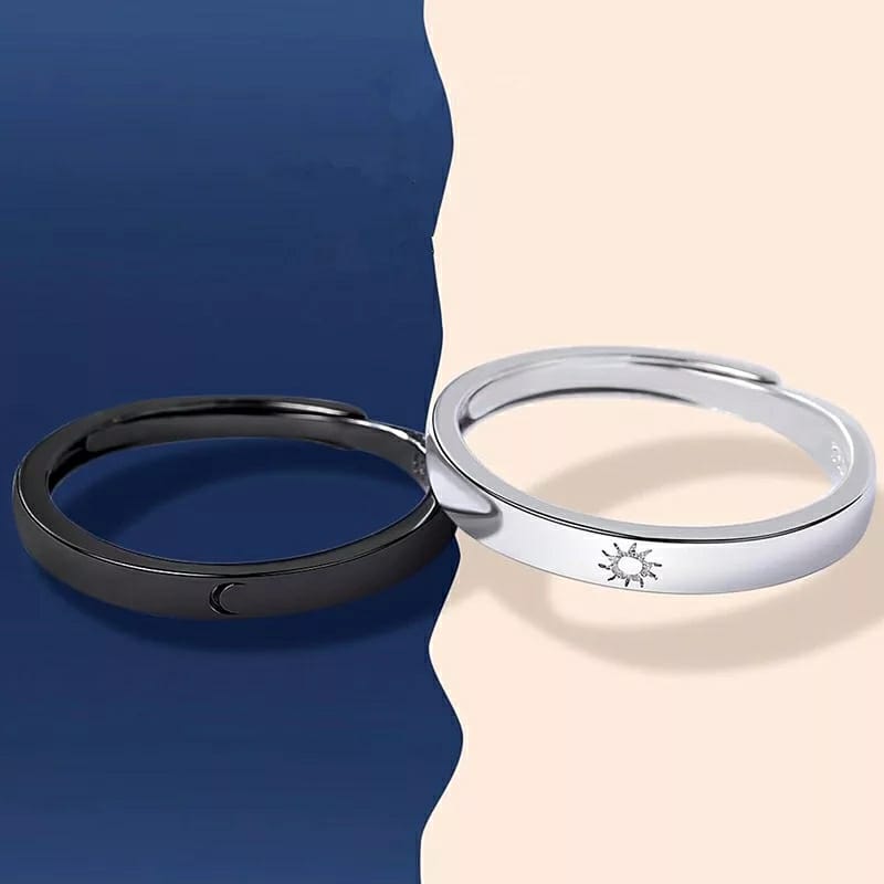 Adjustable Sterling Silver Couple Moon and Sun Promise Ring set