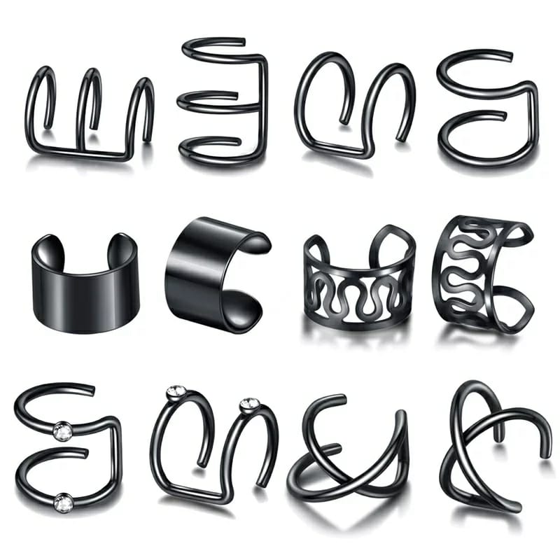 Black 12 & 6 Piece Gold Adjustable Wire No Piercing Everyday Cartilage Helix Ear Cuff detail view 2 — Boho Jewellery UK | The Colourful Aura