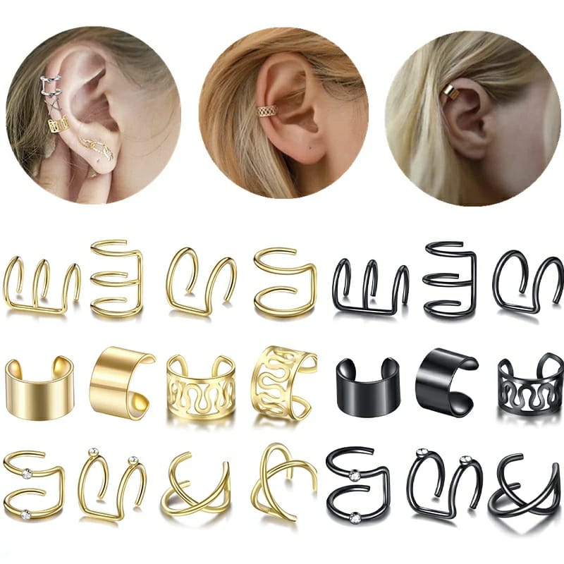 12 & 6 Piece Gold Adjustable Wire No Piercing Everyday Cartilage Helix Ear Cuff