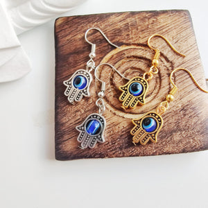 Hamsa Protection Evil Eye Fatima Hand Charm Handmade Dangle Drop Earrings (Close-up Detail) | The Colourful Aura