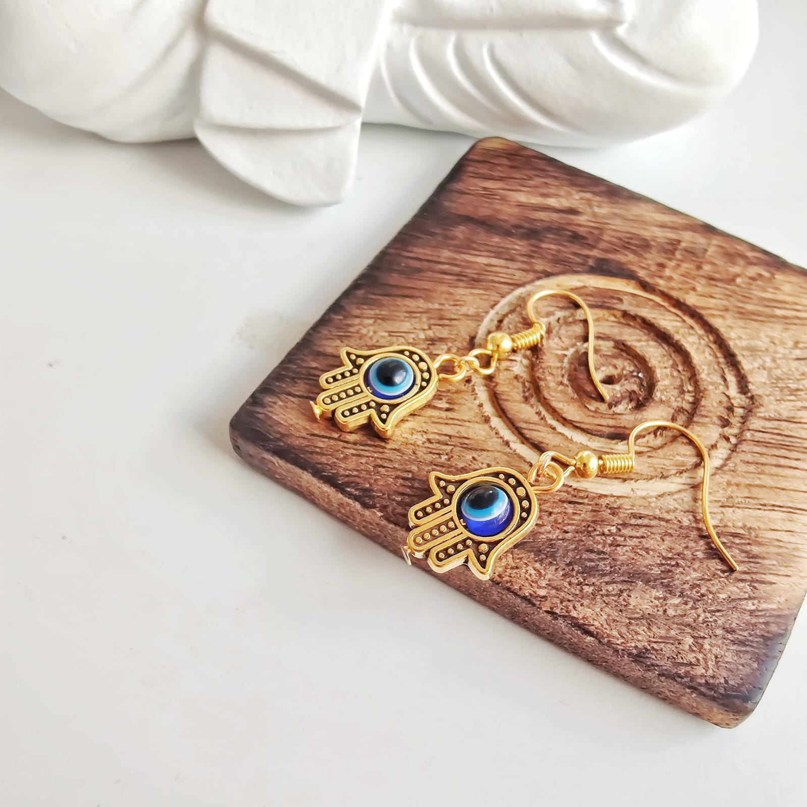 Hamsa Protection Evil Eye Fatima Hand Charm Handmade Dangle Drop Earrings (Close-up Detail) | The Colourful Aura