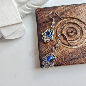 Hamsa Protection Evil Eye Fatima Hand Charm Handmade Dangle Drop Earrings (Close-up Detail) | The Colourful Aura