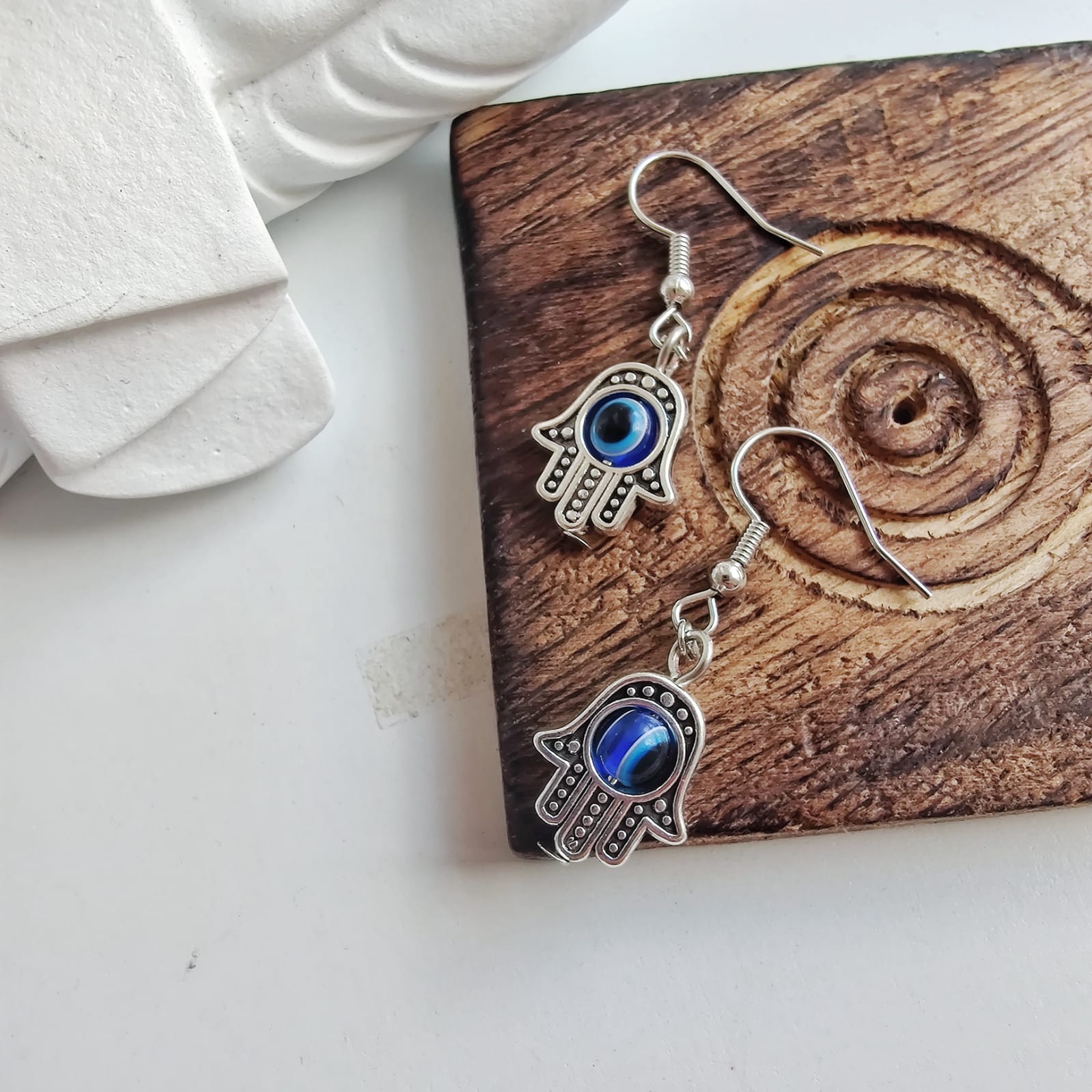 Hamsa Protection Evil Eye Fatima Hand Charm Handmade Dangle Drop Earrings (Close-up Detail) | The Colourful Aura