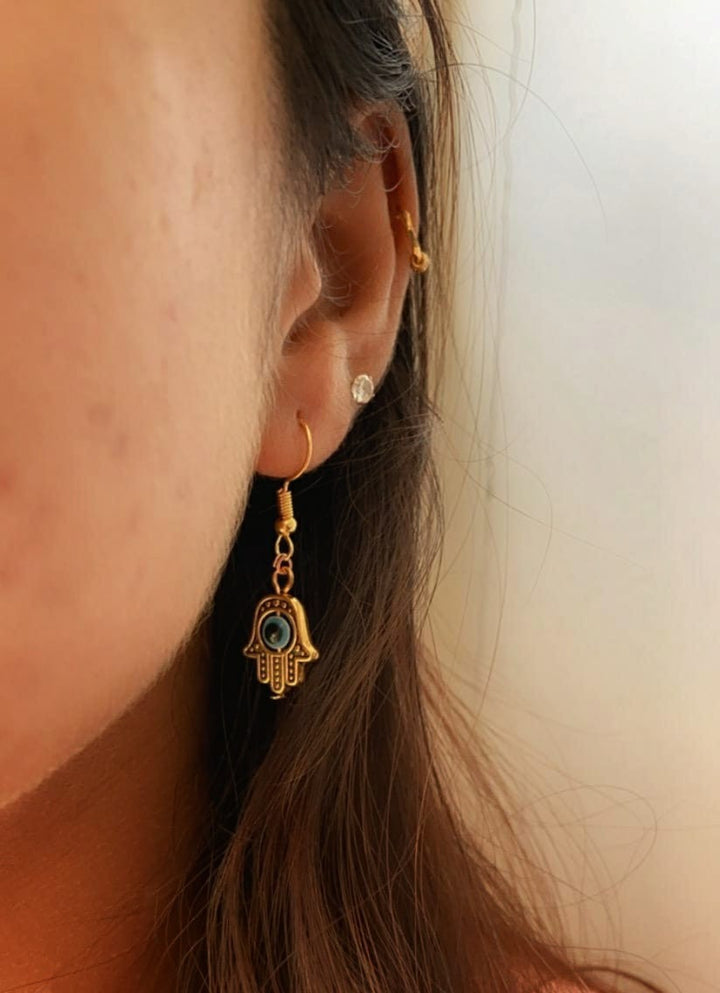 Hamsa Protection Evil Eye Fatima Hand Charm Handmade Dangle Drop Earrings — Boho Jewellery UK | The Colourful Aura