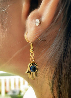 Gold Hamsa Protection Evil Eye Fatima Hand Charm Handmade Dangle Drop Earrings (Close-up Detail) | The Colourful Aura