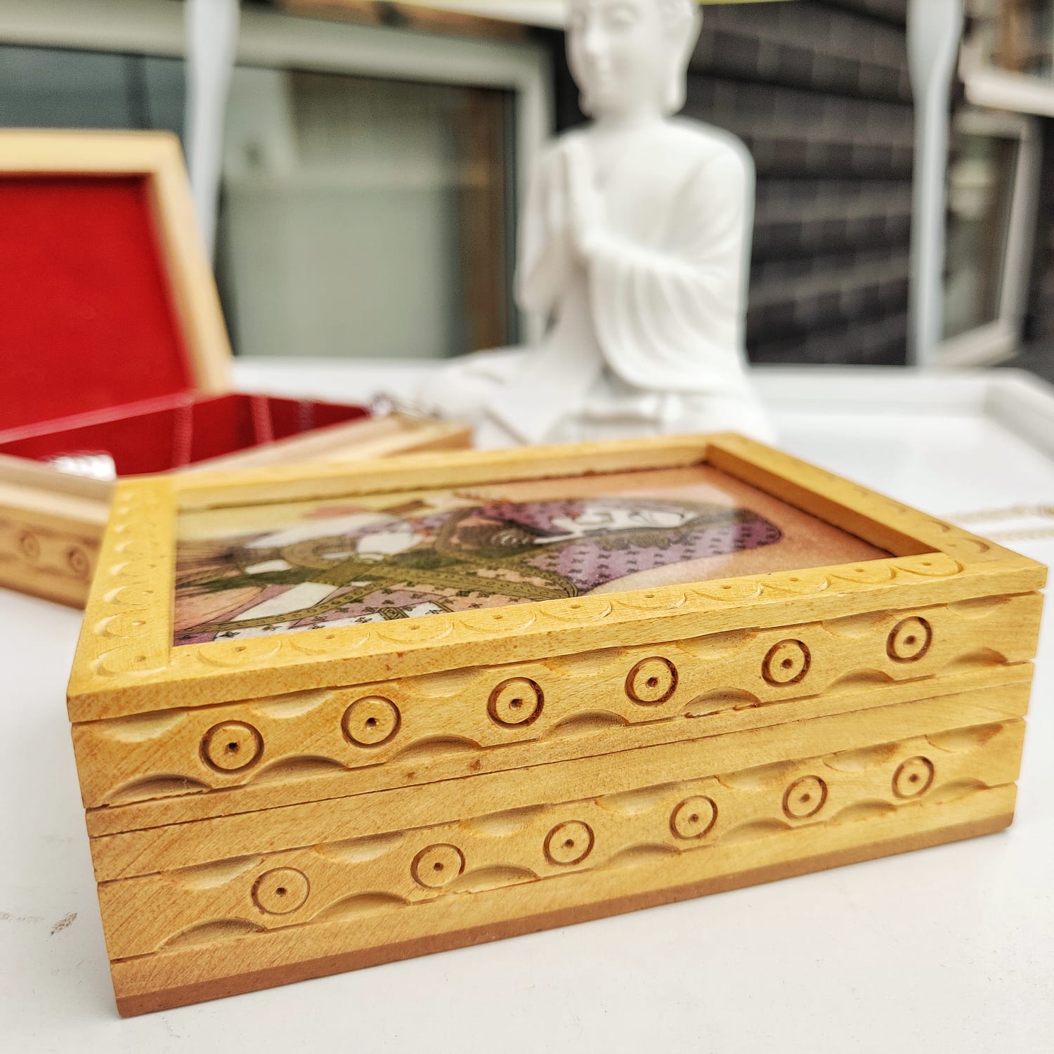 Handmade Wooden Queen Portrait Vintage Wood Carving Indian Trinket Jewellery Box