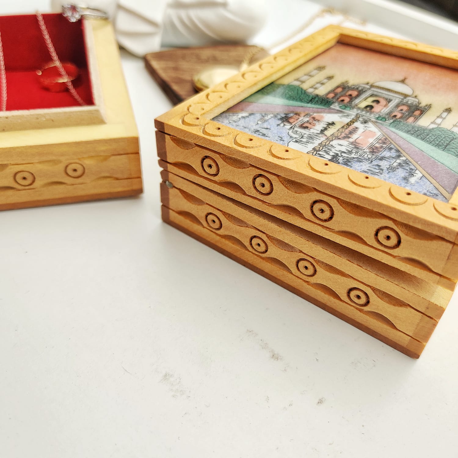 Indian Handmade Tajmahal Vintage Wood Carving Trinket Keepsake Jewellery Box