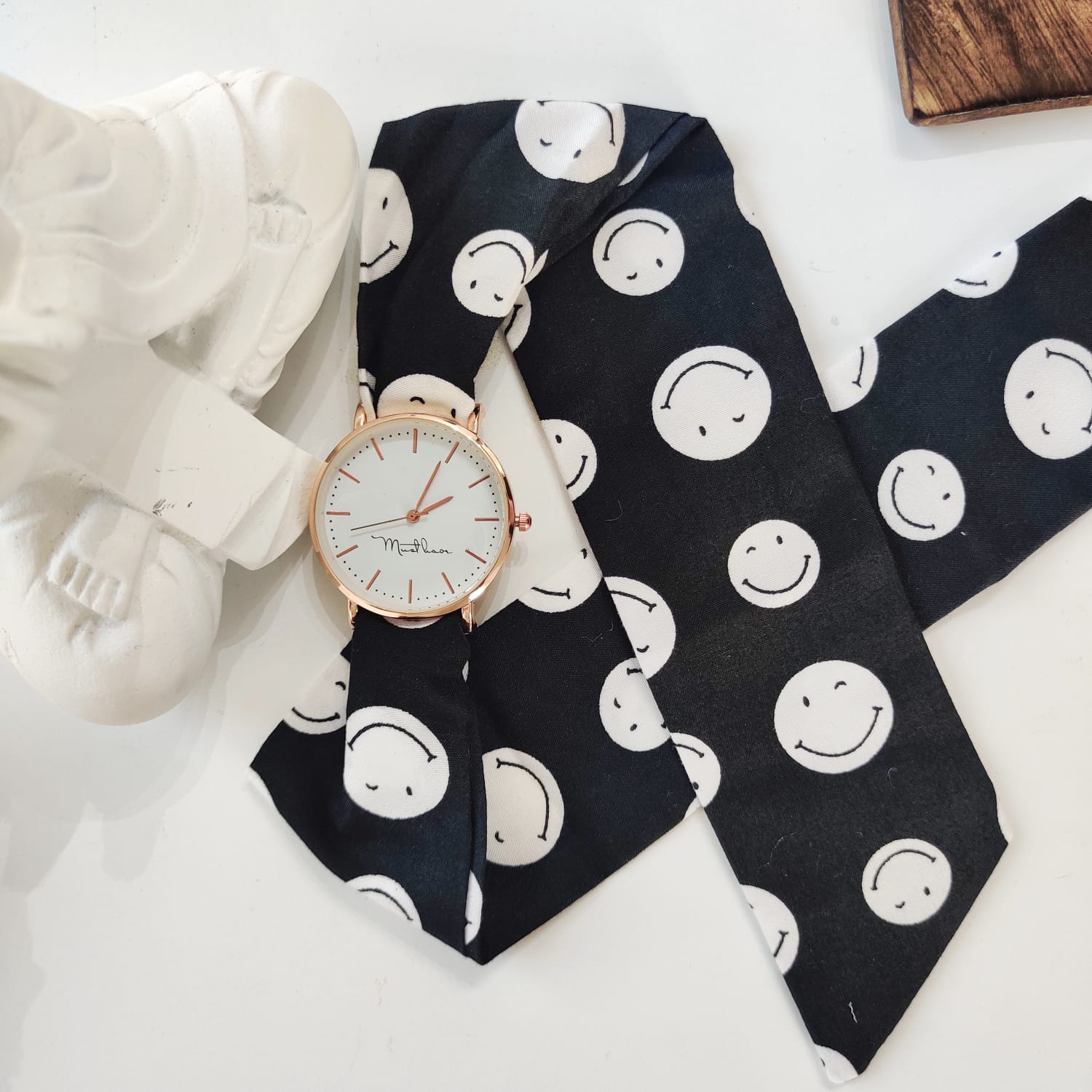 Yellow Smiley Cloth Changeable Cotton Tie Knot Strap Geneva Boho Wristwatch