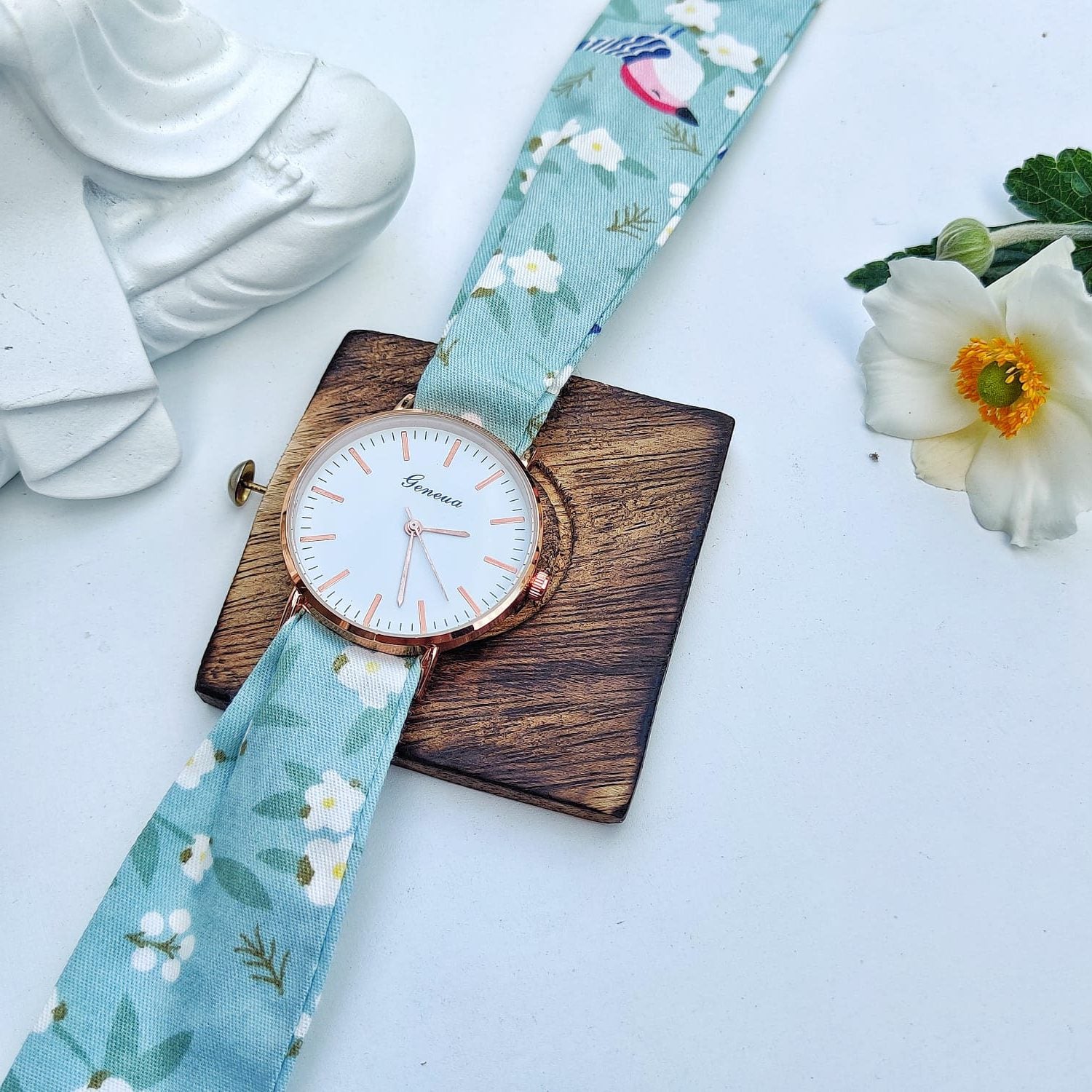 Light Blue Floral Print Changeable Fabric Strap Women Bracelet Wristwatch