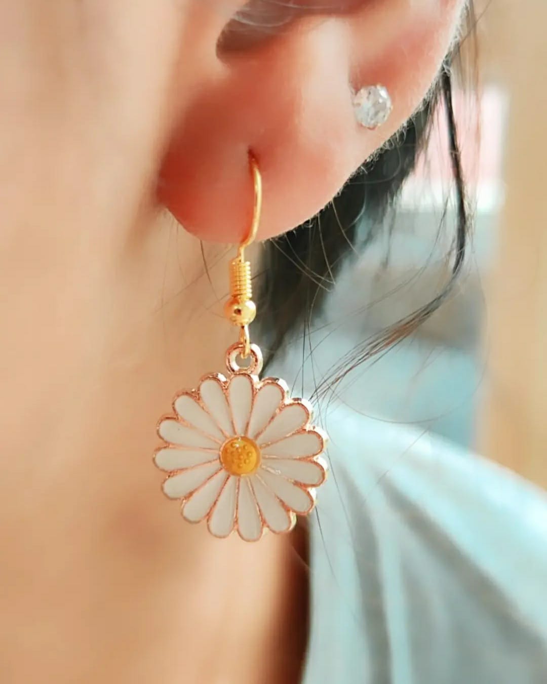 White Blue Sunflower Charm Summer Floral Drop Dainty French Hook Earrings