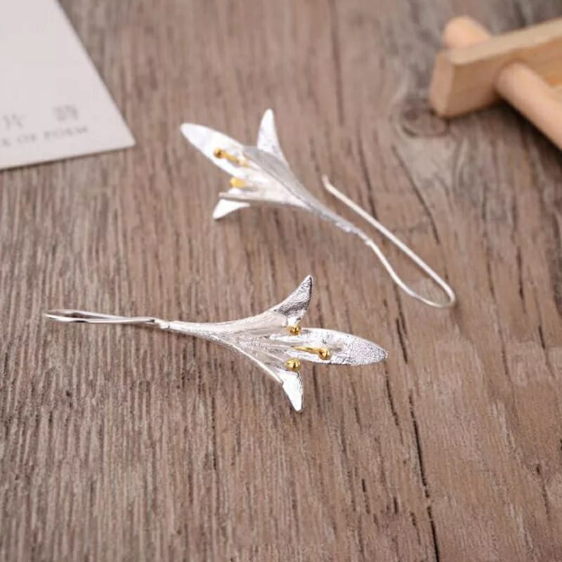 White Long Silver Vintage Lily floral Ear Crawler Hook Drop Ear Wire Earring