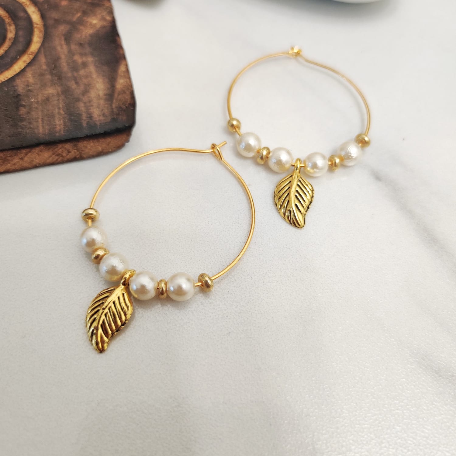 Gold Plated 30mm White Beaded Dangle Leaf Charm Huggie DaintyHoop Earring