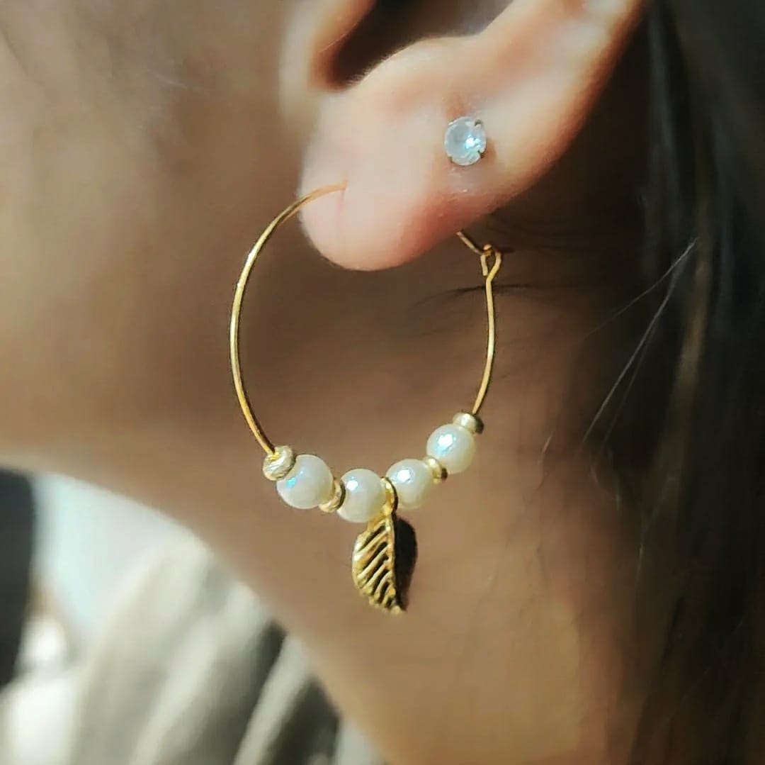 Gold Plated 30mm White Beaded Dangle Leaf Charm Huggie DaintyHoop Earring