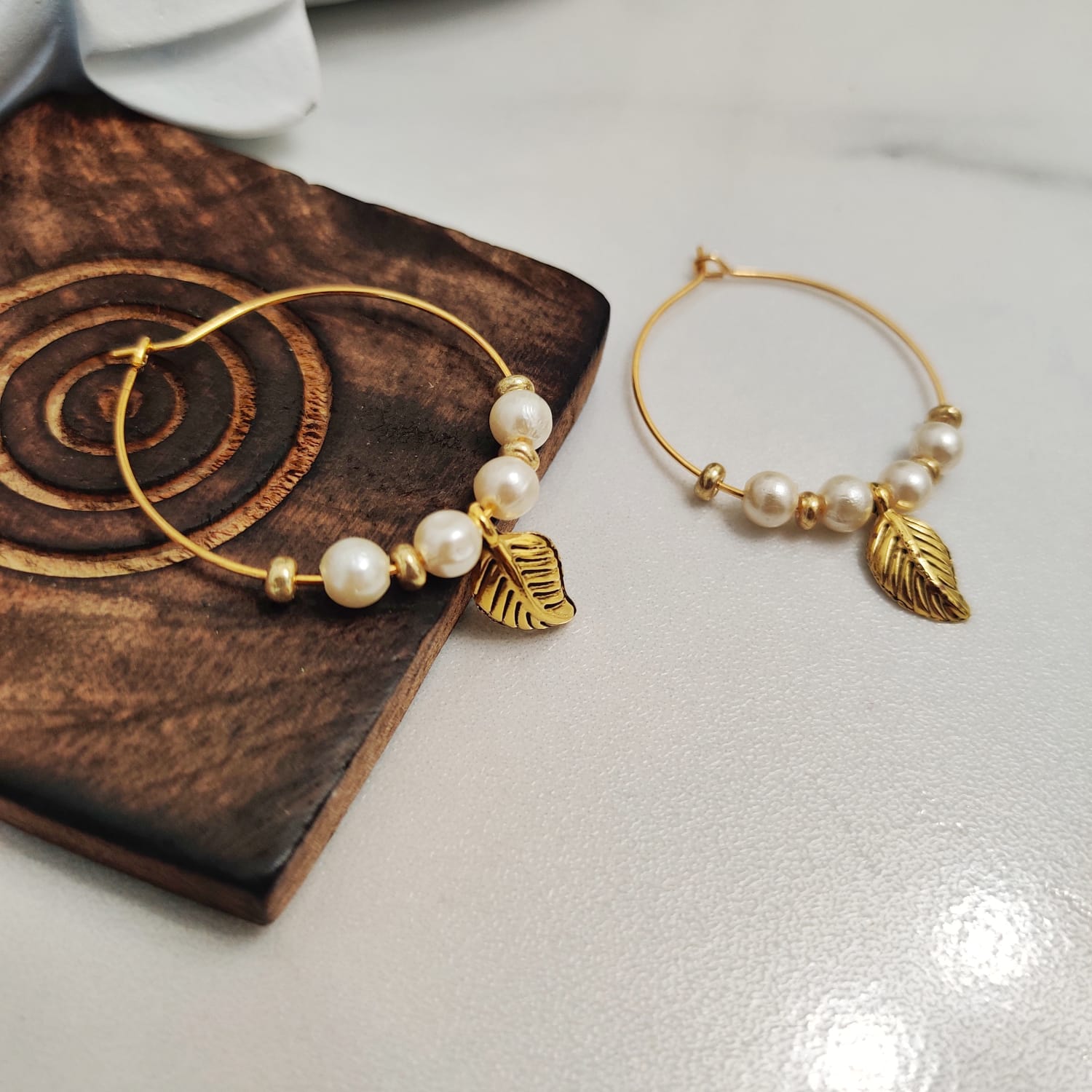 Gold Plated 30mm White Beaded Dangle Leaf Charm Huggie DaintyHoop Earring