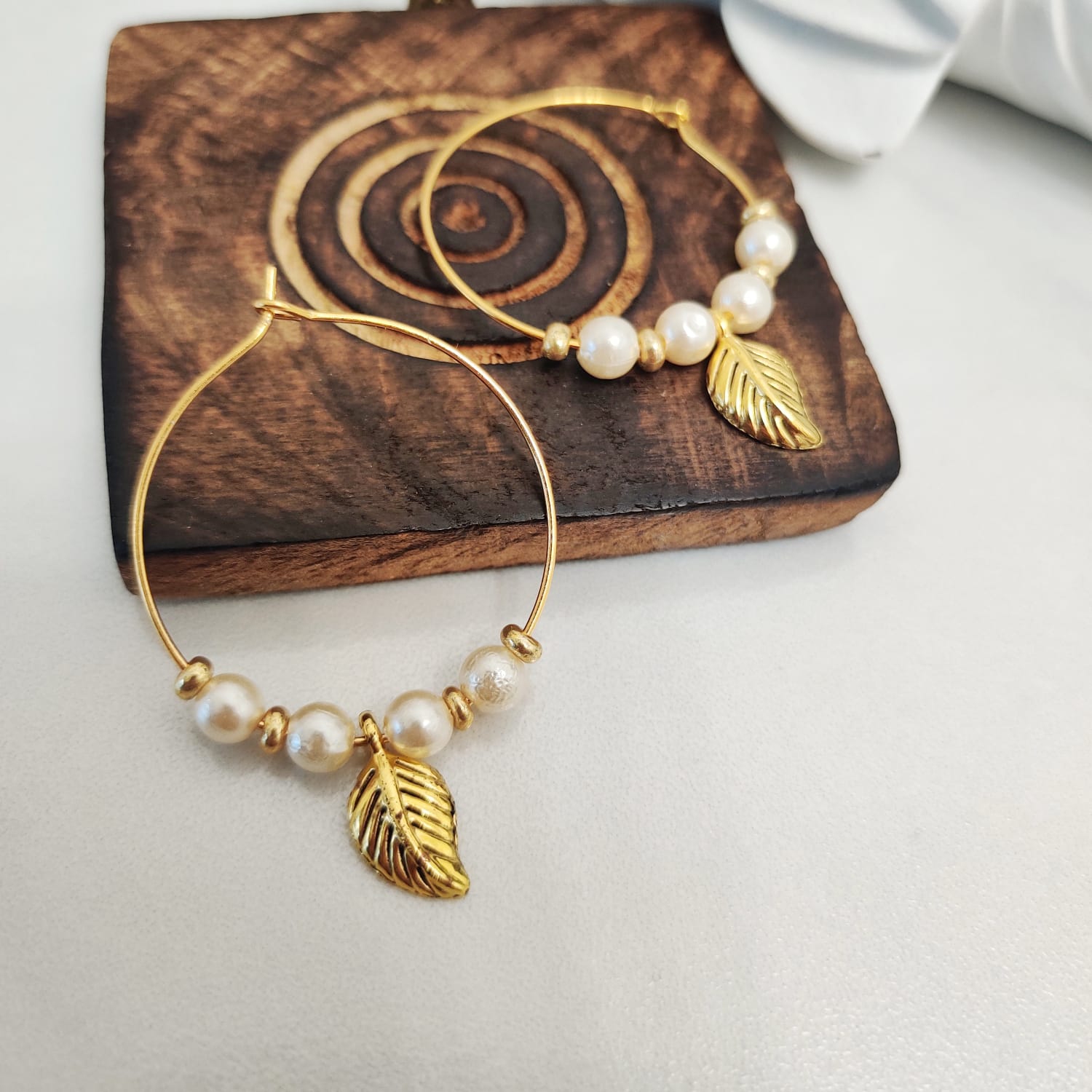Gold Plated 30mm White Beaded Dangle Leaf Charm Huggie DaintyHoop Earring