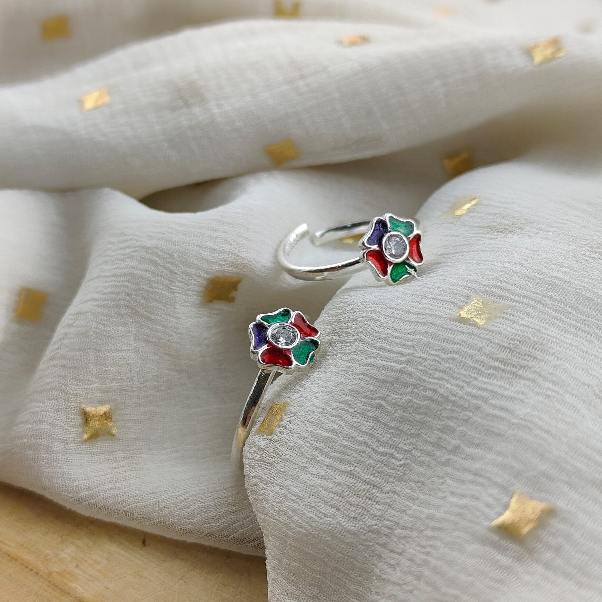 Colourful Floral Silver Toe Ring