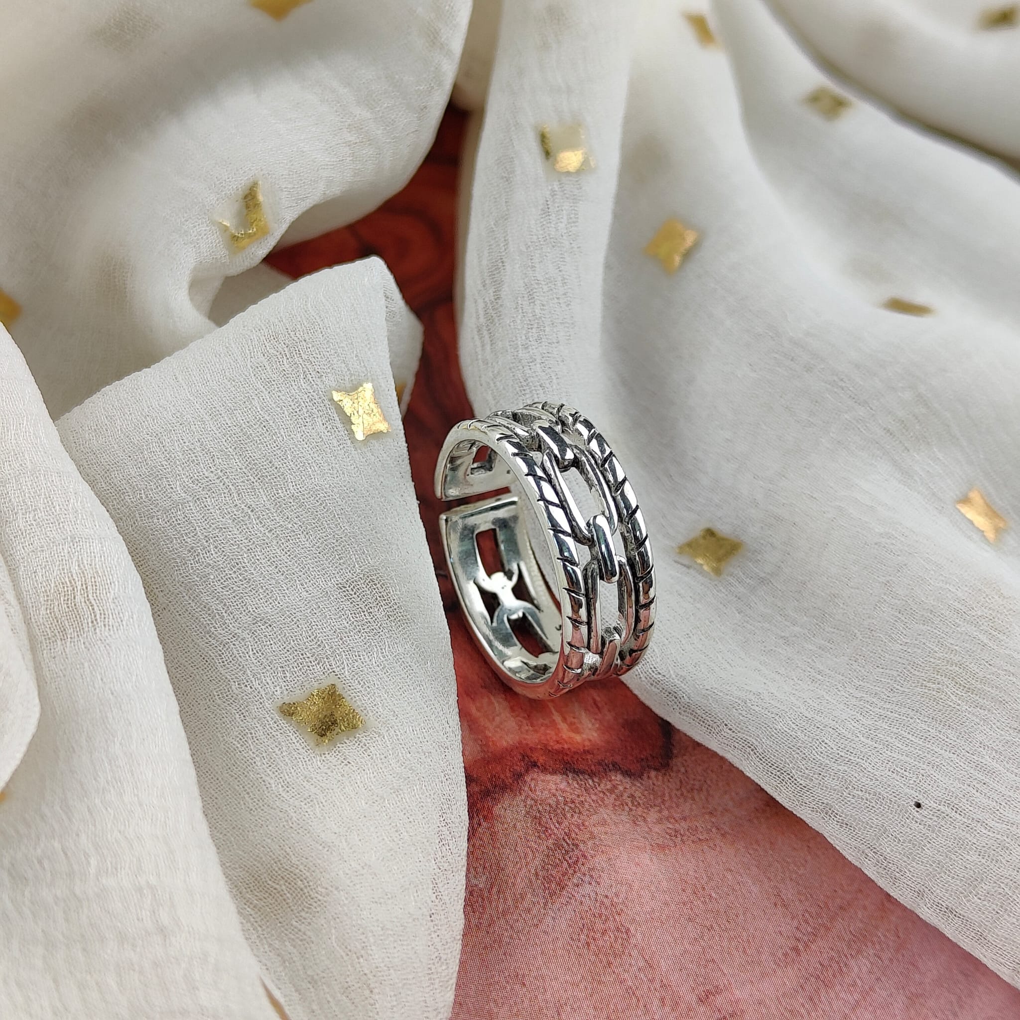 Adjustable Silver Chain Band Thick Unisex Open Statement Ring