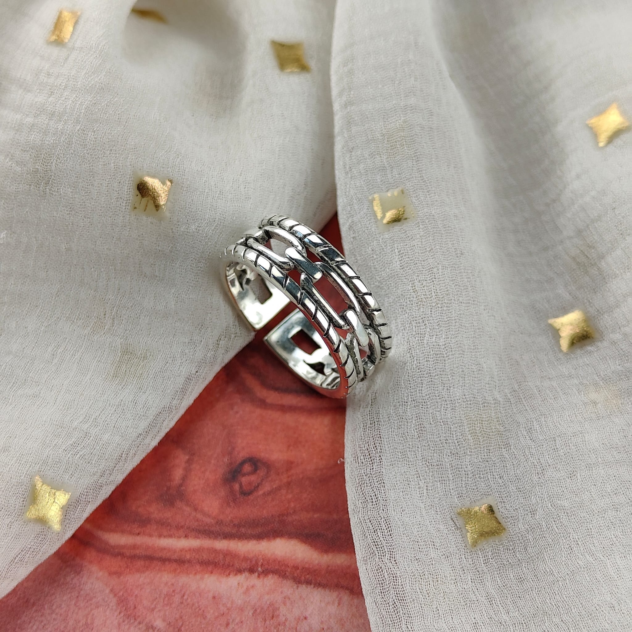 Adjustable Silver Chain Band Thick Unisex Open Statement Ring