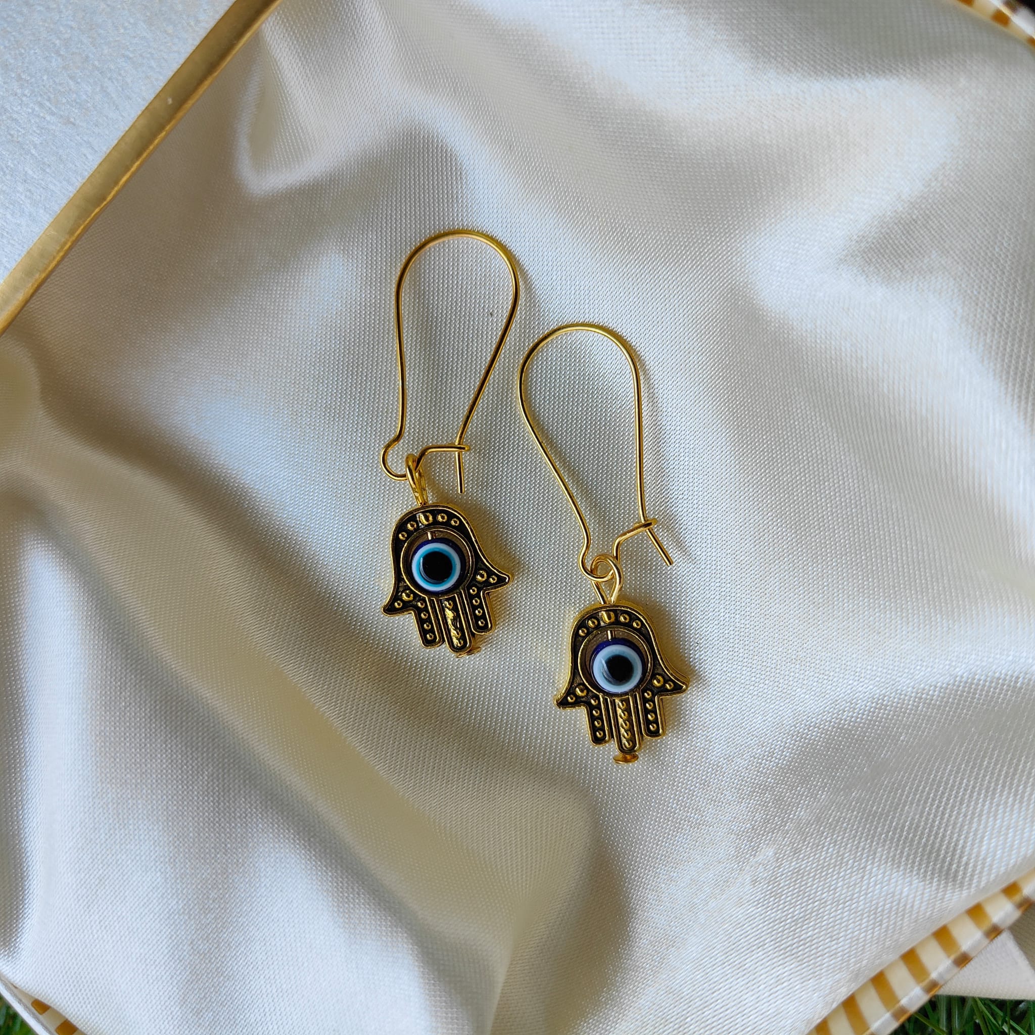 Long Silver Evil Eye Dainty Fatima Hand Hamsa Huggie Latch Back Boho Earrings