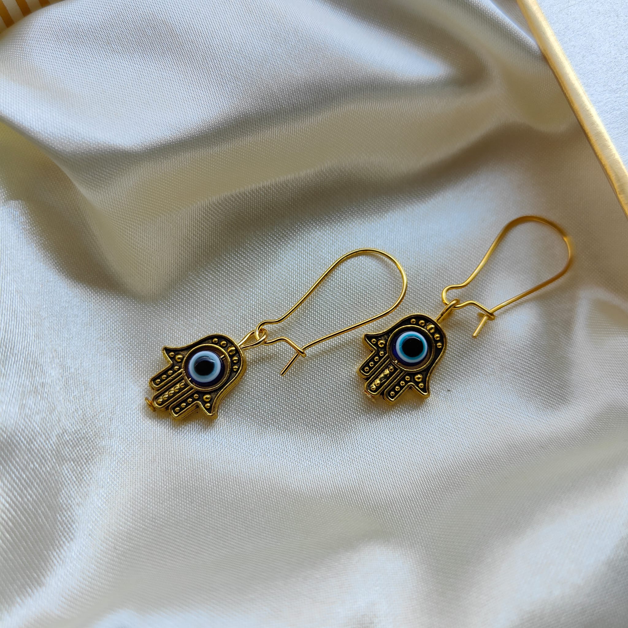 Long Silver Evil Eye Dainty Fatima Hand Hamsa Huggie Latch Back Boho Earrings