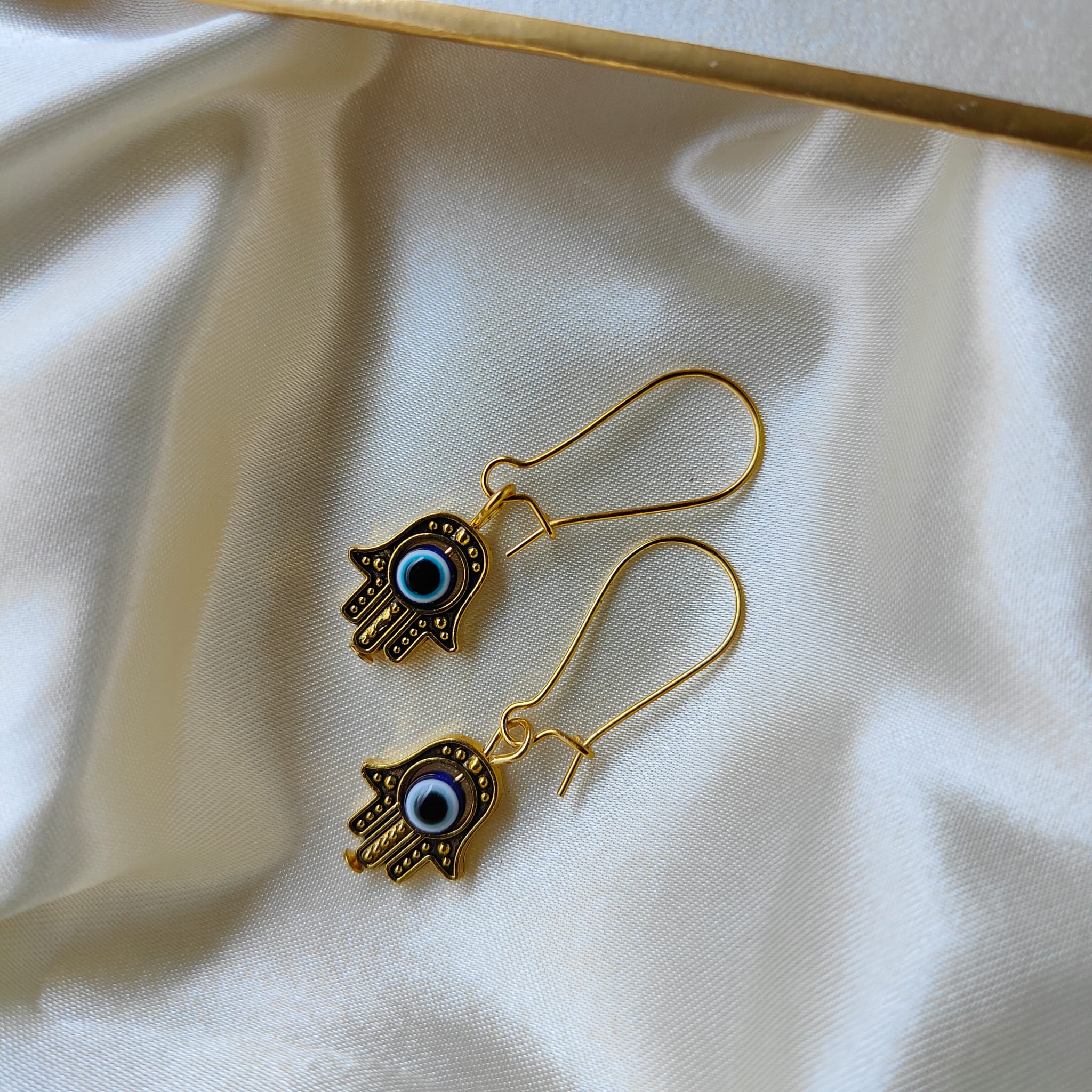 Long Silver Evil Eye Dainty Fatima Hand Hamsa Huggie Latch Back Boho Earrings