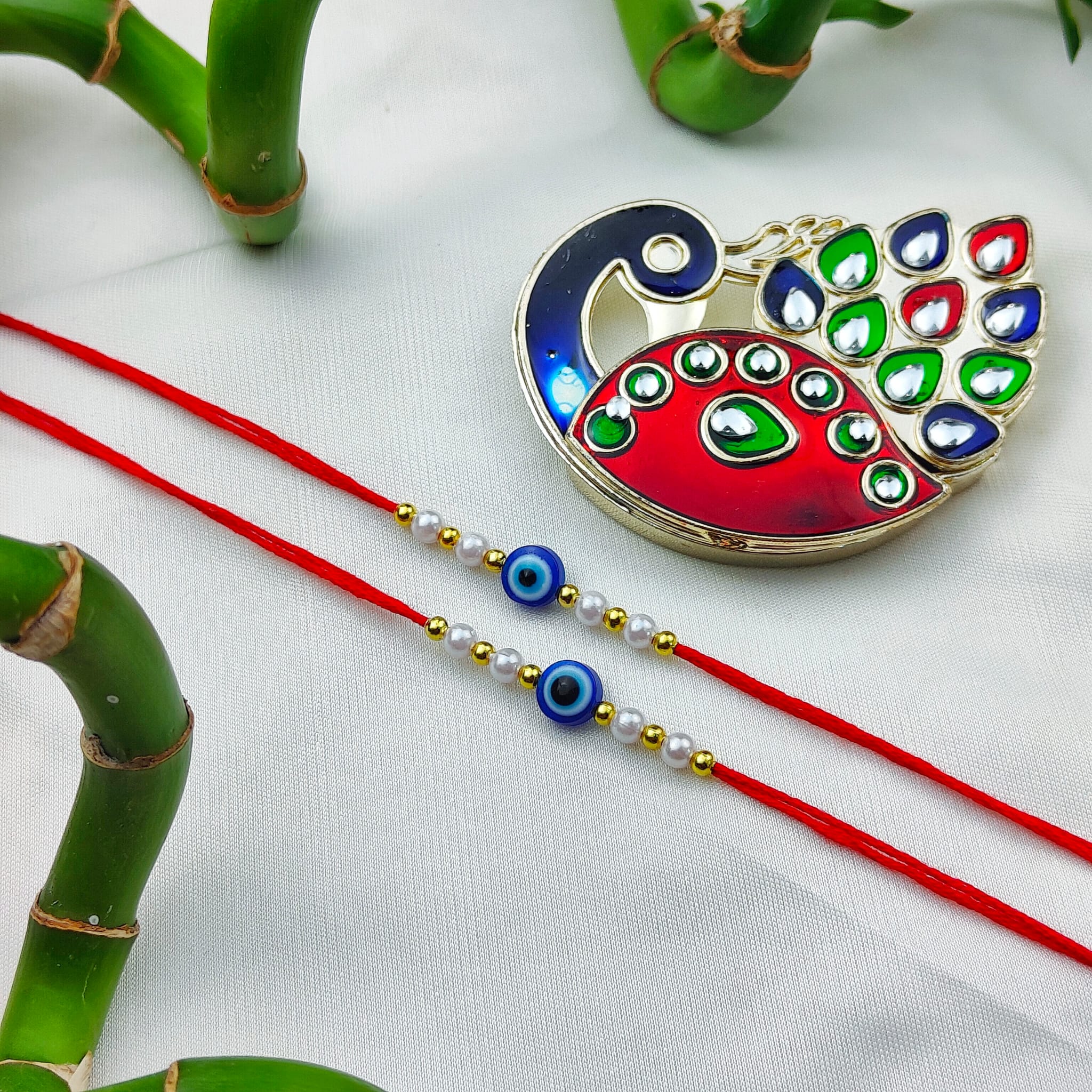 Evil Eye Bead White Pearl Rakhi for Raksha Bandhan | Personalised Rakhi for Brother