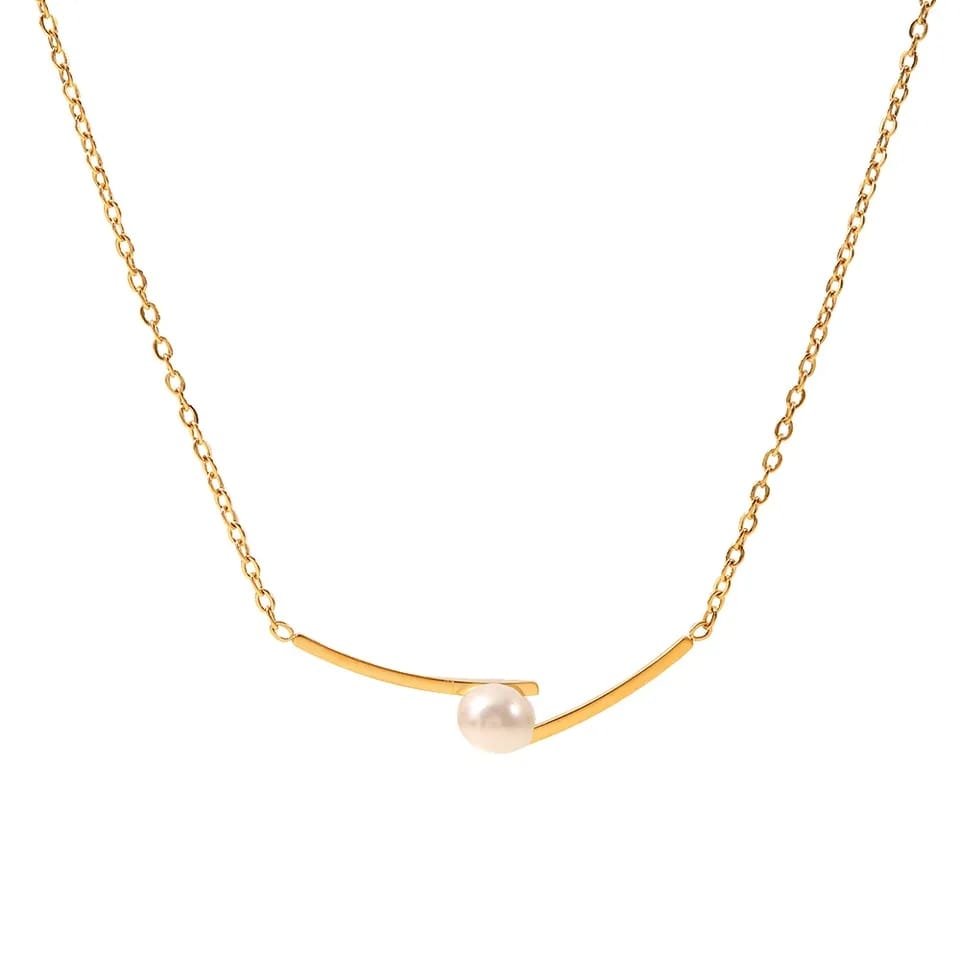Gold Single White Pearl Inlaid Irregular Shape Minimalist Slim Pendant Necklace