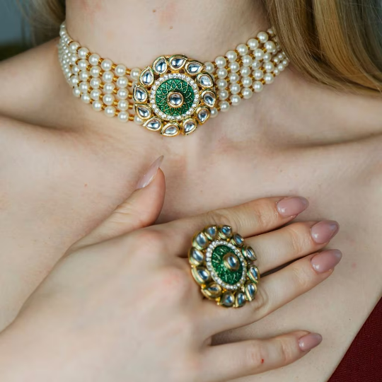Three Layer White Pearl Green Stone Kundan Indian Asian Diana Bridal Choker Set