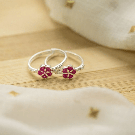 Adjustable Dainty Silver Red Floral Slim Daisy Stacking Ring