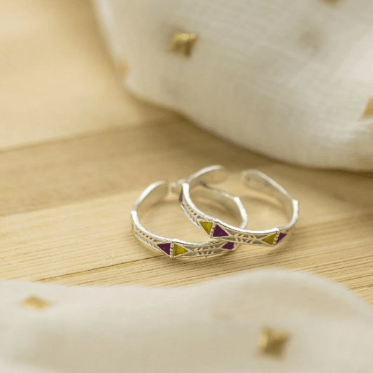 925 Silver Enamel Colourful Geometric Slim Band Yellow Purple Ring