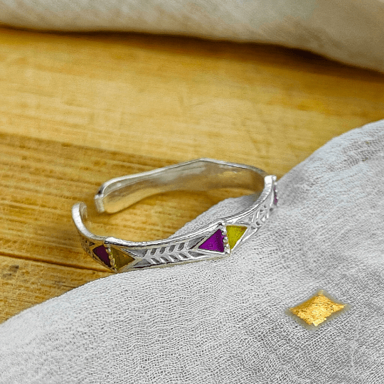 925 Silver Enamel Colourful Geometric Slim Band Yellow Purple Ring