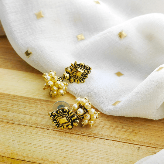 Small Intricate Golden Pearl Poth Indian Boho Dangle Drop Ethnic Jhumkis
