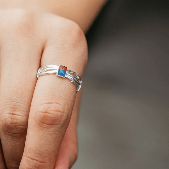 Pure Silver Enamel Colourful Red Blue Slim Band Adjustable Ring — Boho Jewellery UK | The Colourful Aura