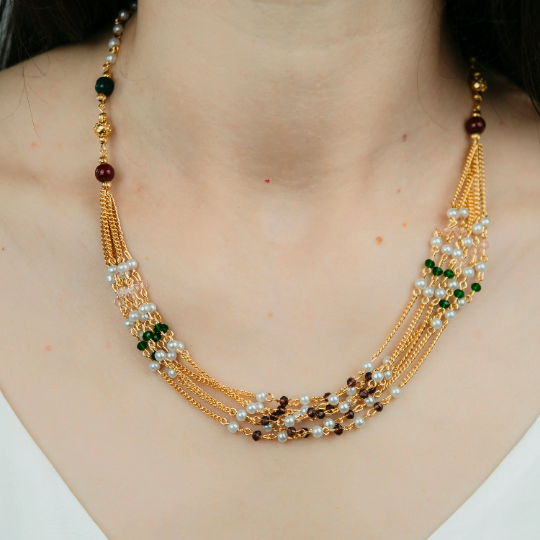 Multi Strand Gold Pearl Multilayer Brass Red Green Pearl Asian Thick Bohemian — Boho Jewellery UK | The Colourful Aura